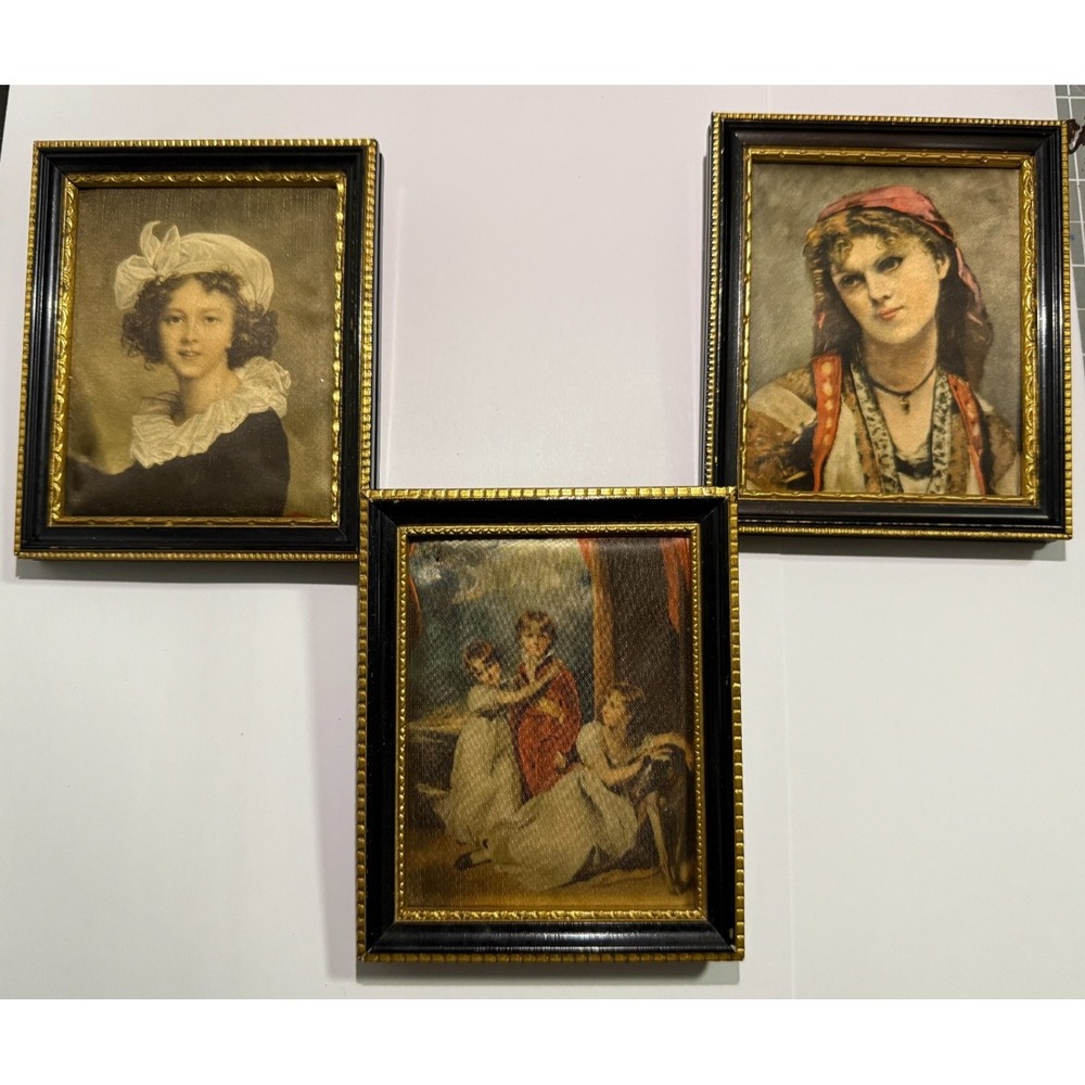 Vintage Lot of 3 Art Prints On Silk‎ Master Paintings Framed Gypsy Girl Children
